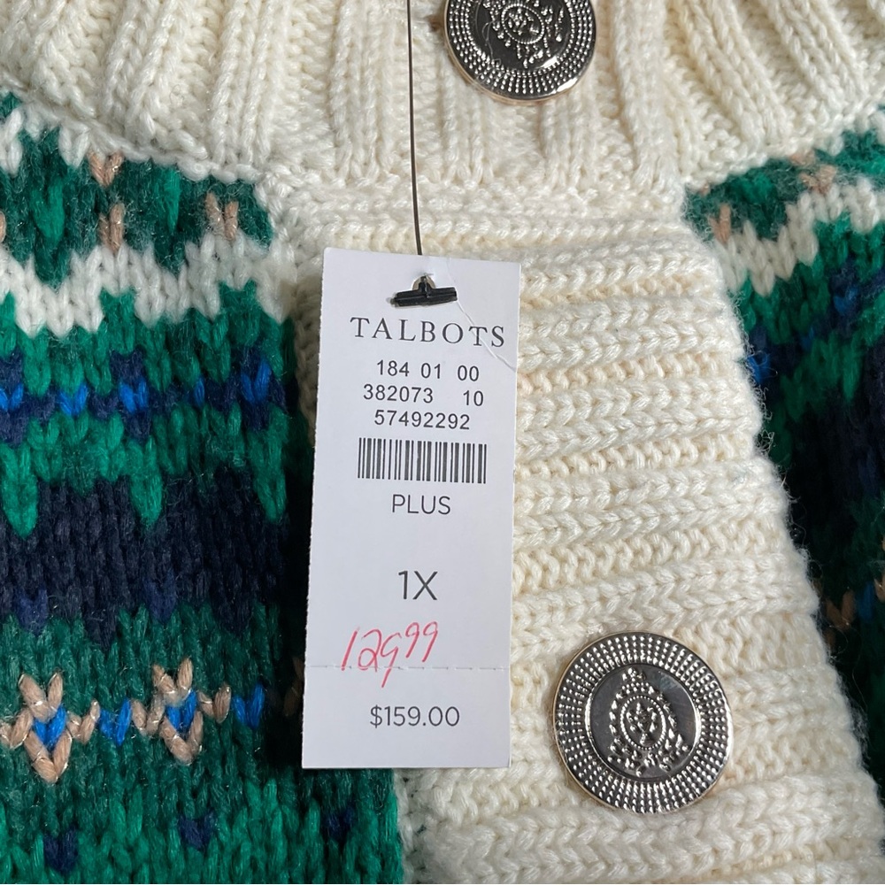 Talbots Fair Isle style green/cream/blue/tan striped Cardigan. 1X. NWT - Picture 9 of 14